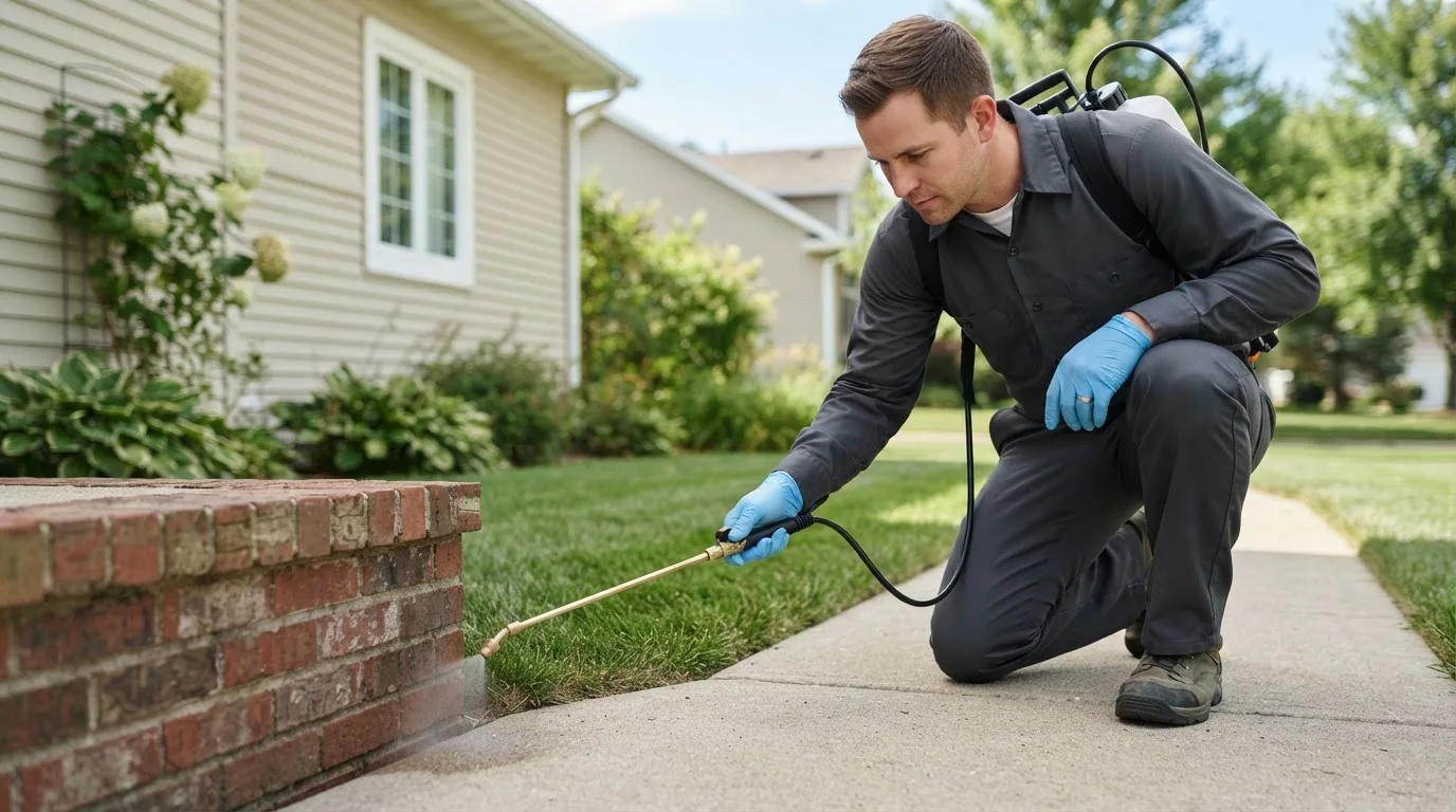 Pest control technician treating a home near Brooksville, ME