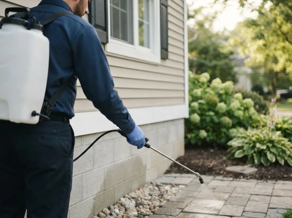 Pest control technician inspecting a home in Brooksville, ME